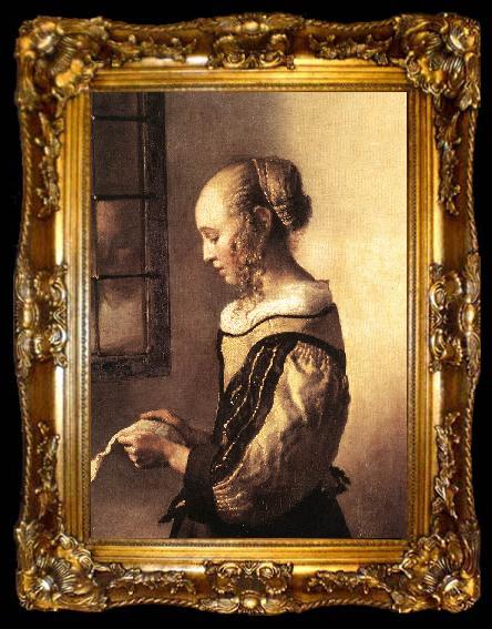 framed  VERMEER VAN DELFT, Jan Girl Reading a Letter at an Open Window (detail) wt, ta009-2